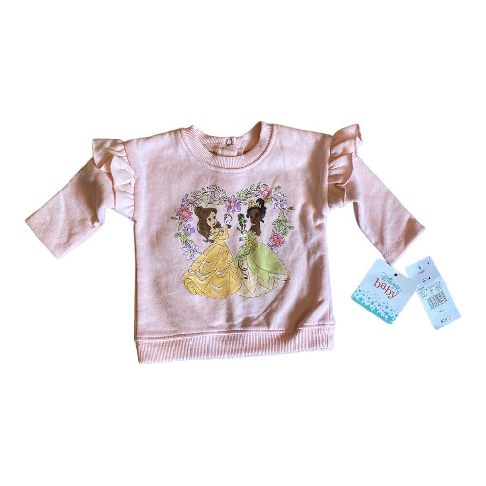 Disney Baby Girl Princess Belle Tiana Pink Sweatshirt Top Size 0-3 M
